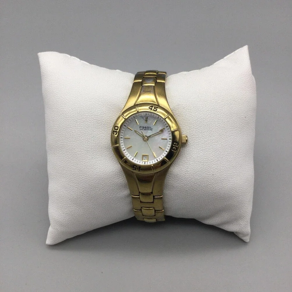 Fossil AM-3859 Womens Watch 25mm White MOP Dial Gold Tone Date New Battery 6